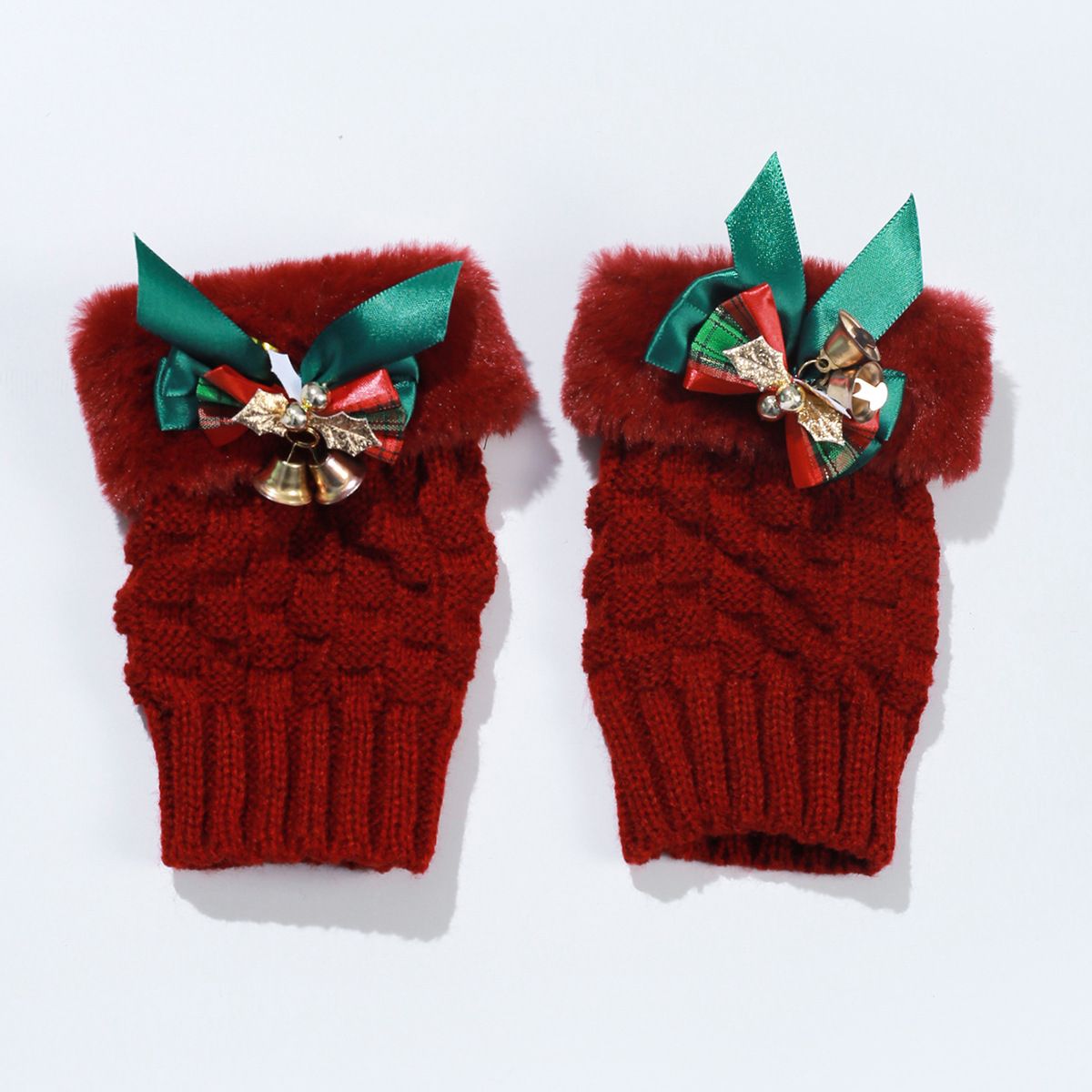 Christmas winter plush half finger wine red bow bell Christmas cute short gloves autumn and winter empty top hat_maomaolike.com