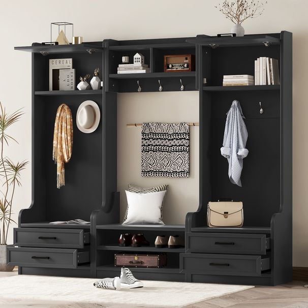 4-in-1 Detachable Hall Tree With Storage And 7 Hooks, Multiple Functions Hallway Coat Rack With Storage Drawers And Cabinet, Black Shoe Bench For Entryway Hallway_maomaolike.com
