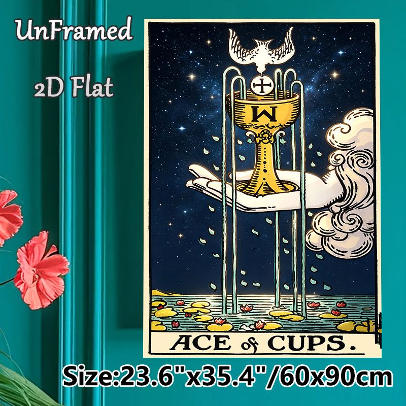 Tarot Ace Of Cups Painting Poster, Vintage Mystical Style Poster, Intricate Design With Golden Cup, Dove, Starry Sky And Flowing Water, Suitable Decor_maomaolike.com
