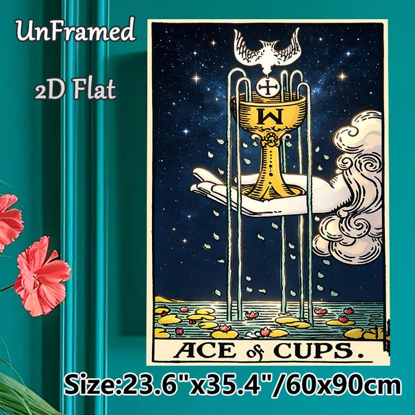 Tarot Ace Of Cups Painting Poster, Vintage Mystical Style Poster, Intricate Design With Golden Cup, Dove, Starry Sky And Flowing Water, Suitable Decor_maomaolike.com