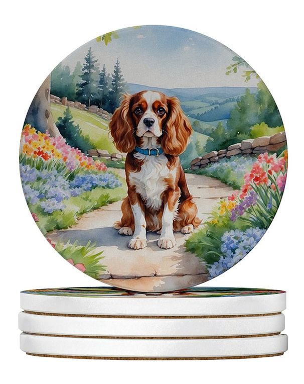 Cavalier Spaniel Spring Path Large Sandstone Coasters Pack Of 4 Absorbent Round Coasters Decor Gifts For Men Or Women, 4 In, Multicolor_maomaolike.com