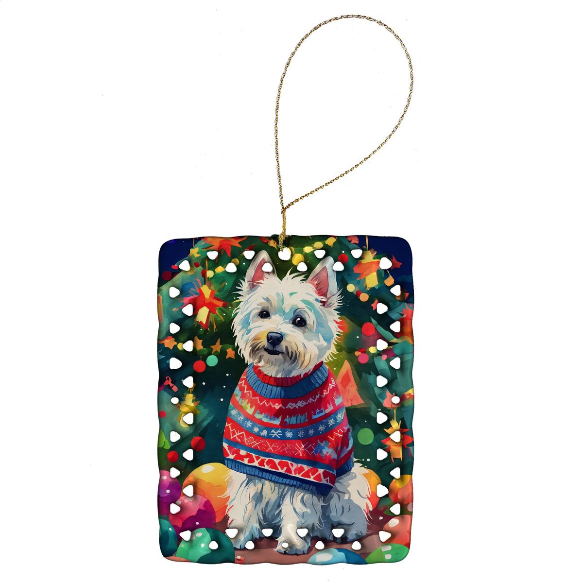 Westie Christmas Porcelain Ornament Christmas Tree Hanging Decorations For Home Christmas Holiday, Rectangle, Gift, Multicolor_maomaolike.com