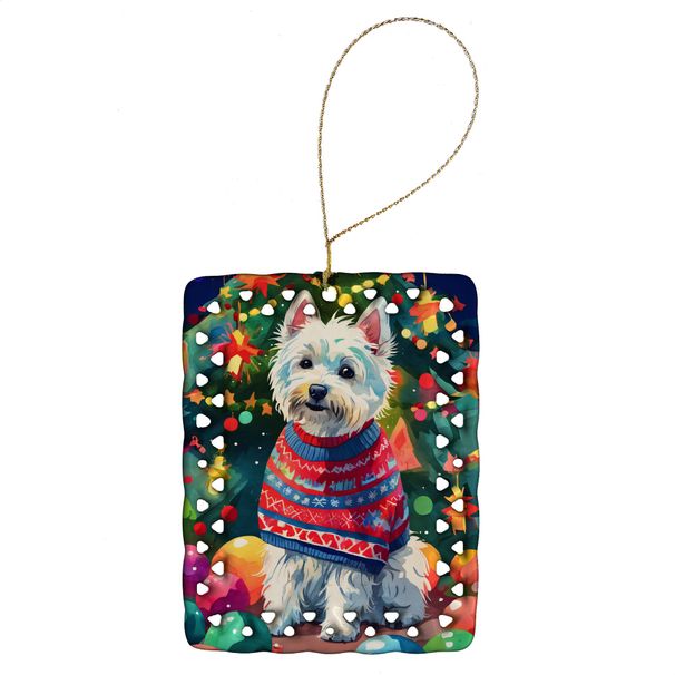 Westie Christmas Porcelain Ornament Christmas Tree Hanging Decorations For Home Christmas Holiday, Rectangle, Gift, Multicolor_maomaolike.com