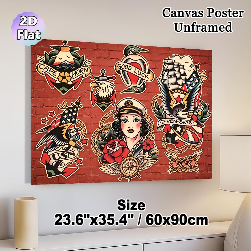 Nautical Vintage Tattoo Painting Poster, Vibrant Classic Old-School Tattoo-style Nautical Motifs Poster, Eye-catching Nostalgic Art For Home, Bar Or_maomaolike.com
