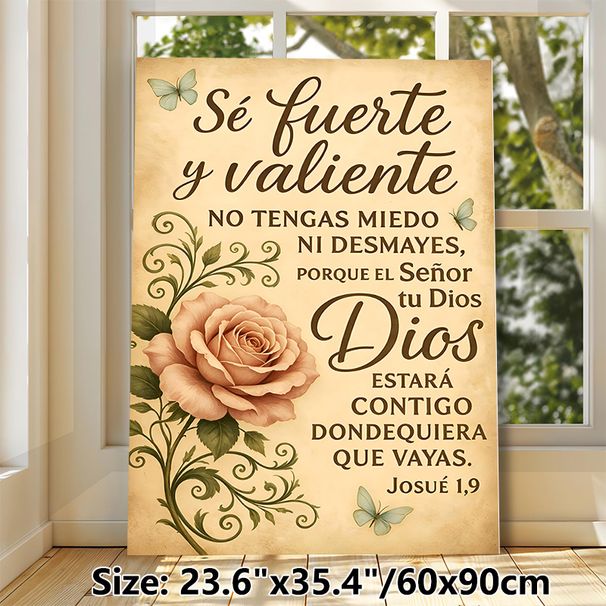 Spanish Religious Scripture Painting Poster, Vintage Rustic Style Poster, With Soft Pink Rose, Delicate Butterflies & Inspirational Verse, Ideal For_maomaolike.com
