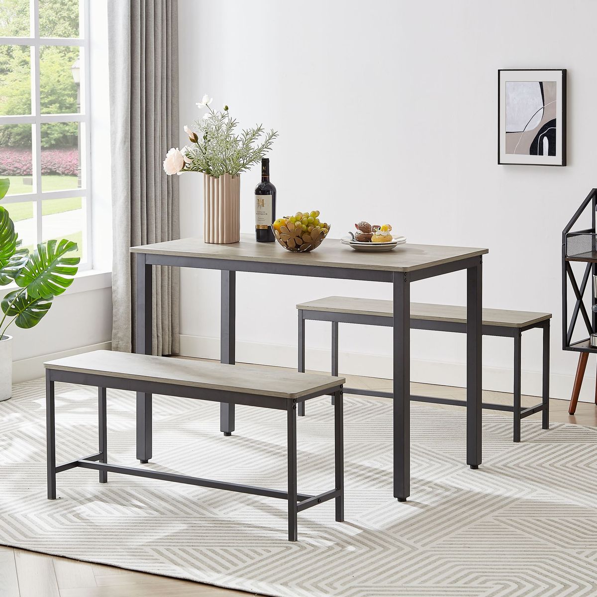 Industrial Dining Table Set With 2 Benches, Grey And Black Kitchen Counter Table For Breakfast, Living Room, Party Room, 43.3"L X 23.6"W X 29.9"H_maomaolike.com