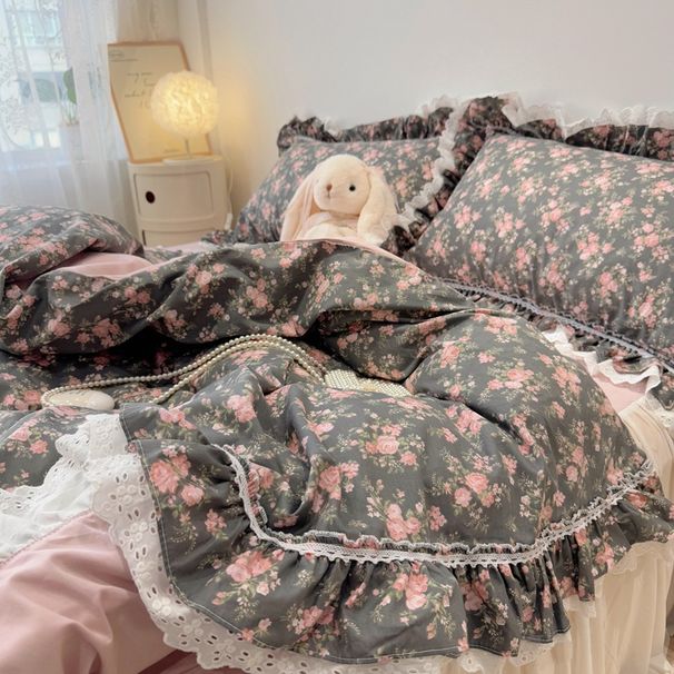 Wholesale INS Girl Heart Korean Small Floral Four-Piece Princess Style Double-Layer Lace Edge Pure Cotton 4-Piece Set_maomaolike.com
