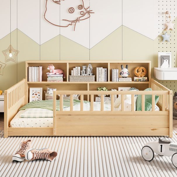 A Full-sized Wooden Floor Bed With A Fence-style Guardrail, Featuring A Side Storage Decorative Function, And Its Color Is Natural_maomaolike.com