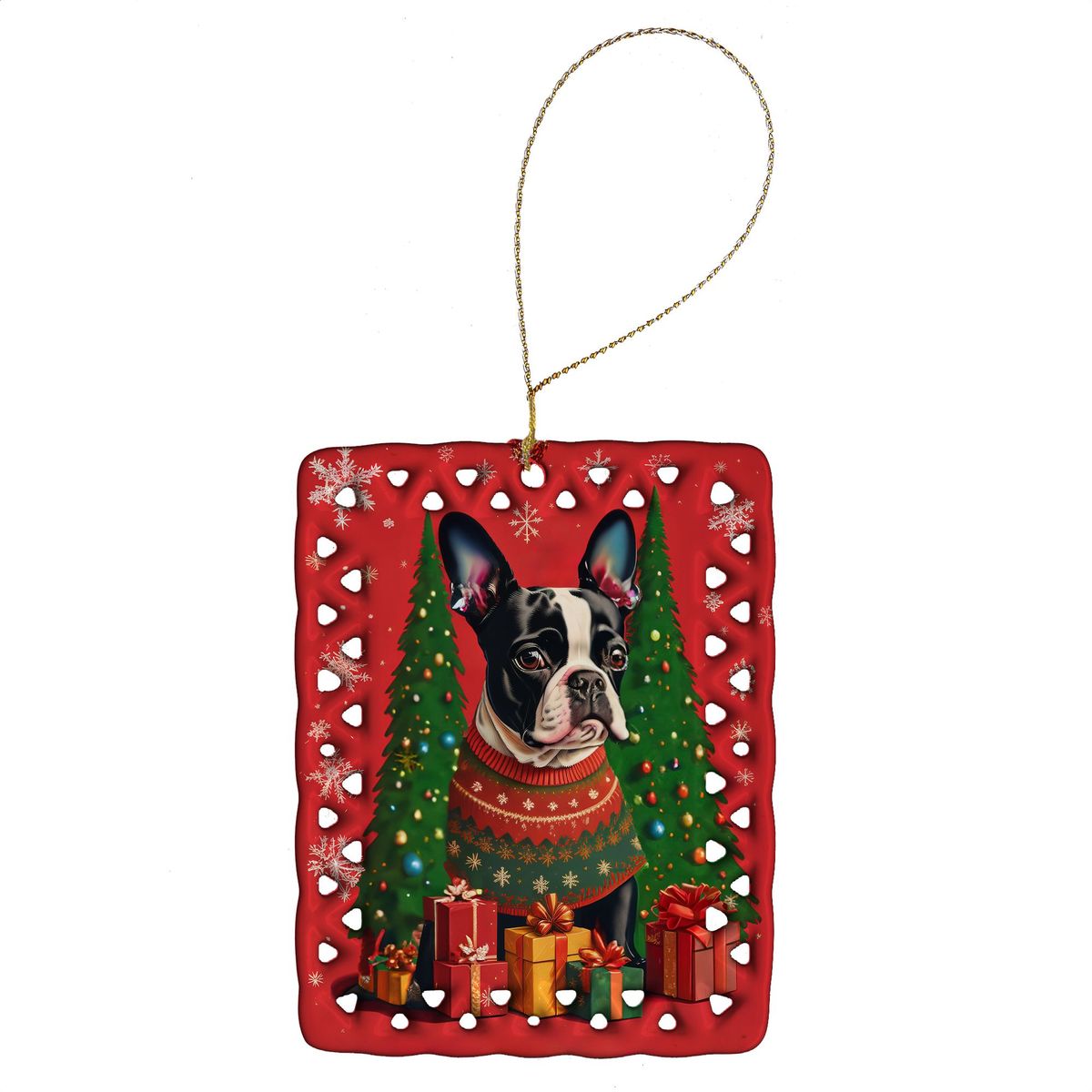 Boston Terrier Holiday Christmas Porcelain Ornament Christmas Tree Hanging Decorations For Home Christmas Holiday, Rectangle, Gift, Multicolor_maomaolike.com