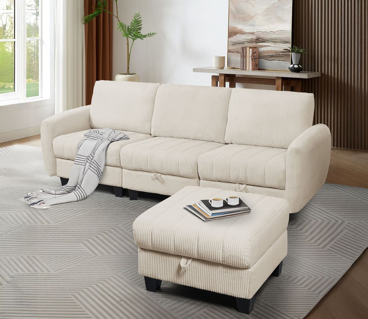 Beige White Corduroy Fabric Sofa With OTTOMAN_maomaolike.com