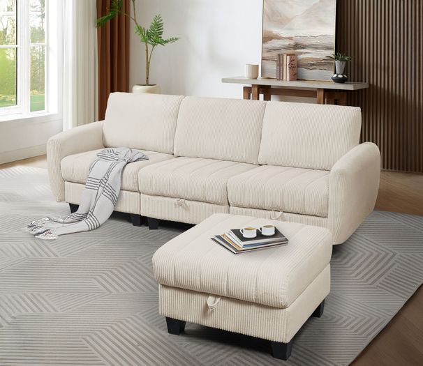 Beige White Corduroy Fabric Sofa With OTTOMAN_maomaolike.com