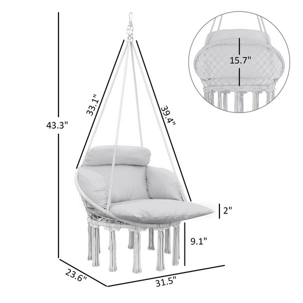 Hammock Swing Chair, Macrame Hanging Chair With Large Cushion, Chain, Steel Frame For Indoor Outdoor Use, Gray_maomaolike.com