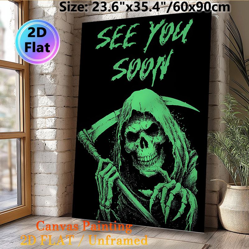 Grim Reaper Themed Painting Poster, Glow-in-the-dark Spooky Grim Reaper With "See You Soon" Text Poster, Unique Dark Gothic Style For Home Wall Decor_maomaolike.com