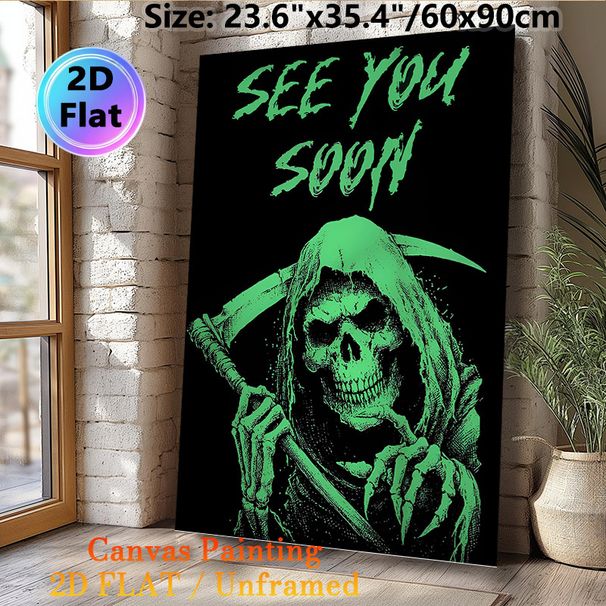 Grim Reaper Themed Painting Poster, Glow-in-the-dark Spooky Grim Reaper With "See You Soon" Text Poster, Unique Dark Gothic Style For Home Wall Decor_maomaolike.com