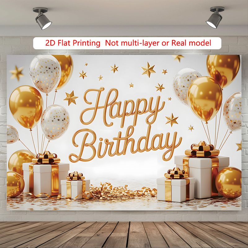 Happy Birthday Party Banner - 2D Flat Polyester Backdrop With Golden Balloons, Wall Hanging Photo Props, Party Decor_maomaolike.com
