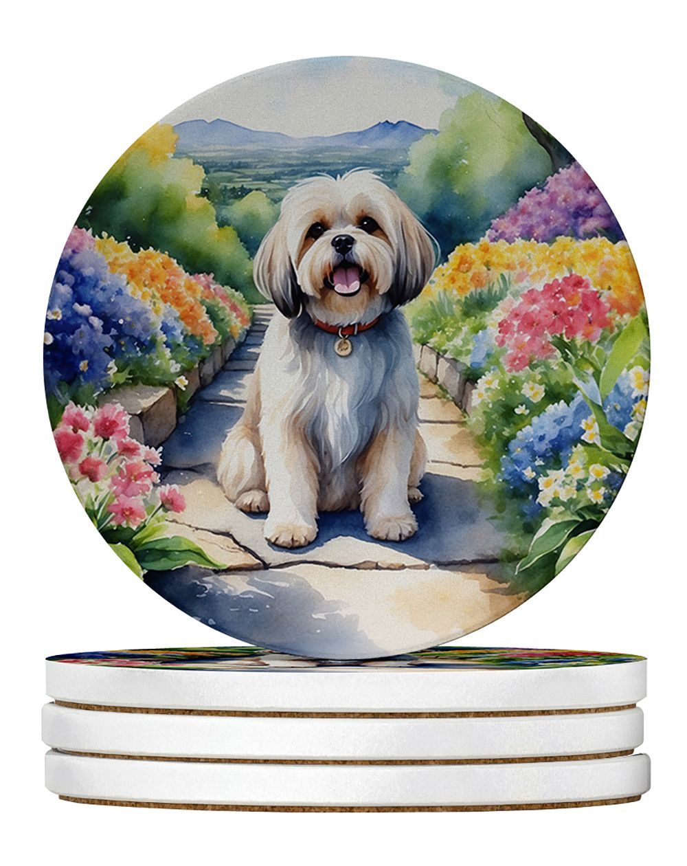 Lhasa Apso Spring Path Large Sandstone Coasters Pack Of 4 Absorbent Round Coasters Decor Gifts For Men Or Women, 4 In, Multicolor_maomaolike.com