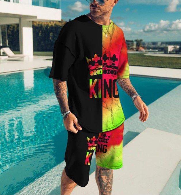 Men's Clothing shorts loose casual short-sleeved suit color matching KING printed T-shirt_maomaolike.com