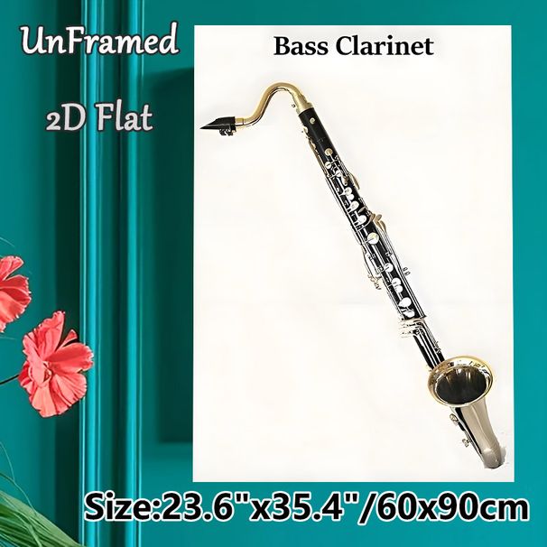 Bass Clarinet Themed Painting Poster, Sleek Black & Metallic Detailed Instrument Illustration Poster, Elegant Musical Decor Ideal For Music Studio_maomaolike.com