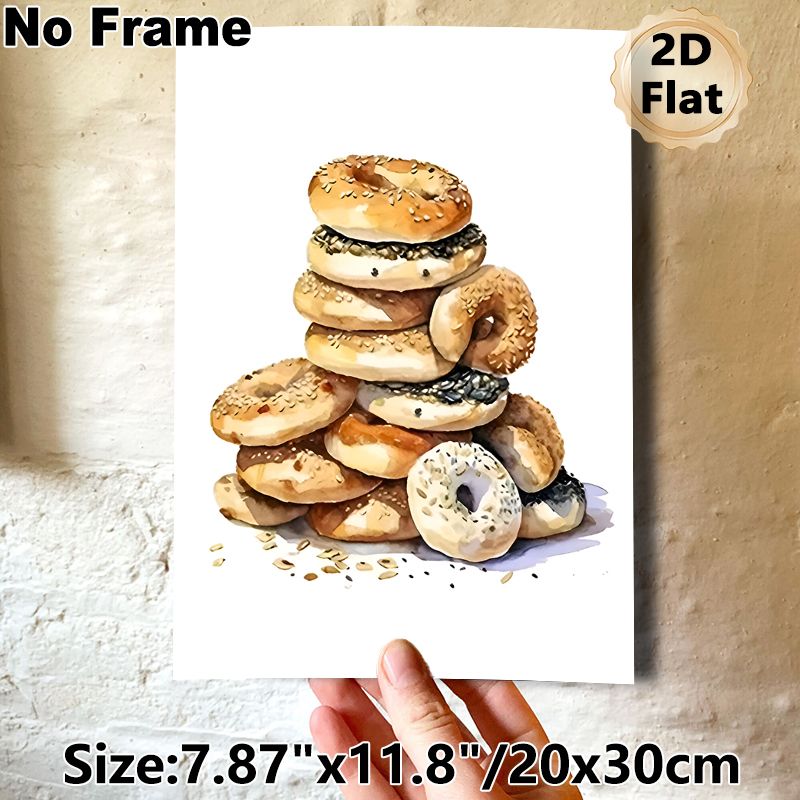 Bagel Themed Painting Poster, Warm-toned Watercolor Stacked Assorted Bagels Poster, Brings Cozy Culinary Vibe, Ideal For Kitchen And Dining Area_maomaolike.com