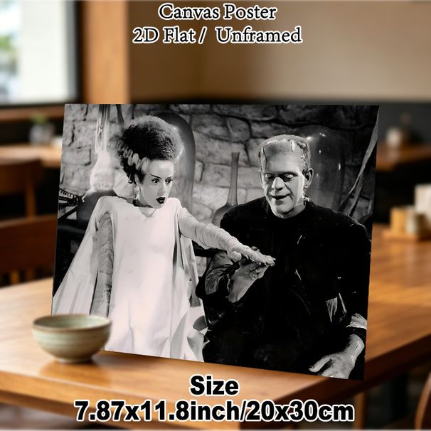 Frankenstein & Bride Of Frankenstein Painting Poster, Vintage Monochrome Classic Horror Scene Poster, Nostalgic Spooky Art Ideal For Home Wall Decor_maomaolike.com