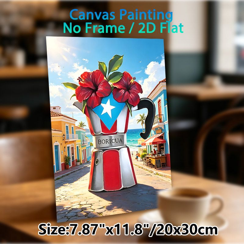 Puerto Rican Themed Painting Poster, Vibrant Tropical Moka Pot With Hibiscus & Coastal Town Poster, Cultural Decorative Piece Suitable For Café_maomaolike.com