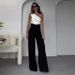 Women's Clothing fashion solid color oblique collar slim fit top high waist wide leg pants suit_maomaolike.com