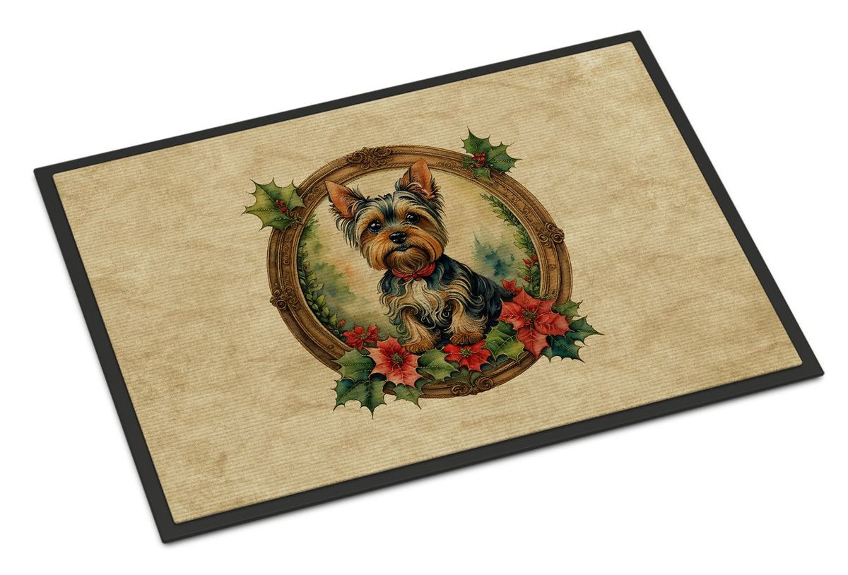 Yorkie Christmas Flowers Doormat Front Door Mat Indoor Outdoor Rugs For Entryway, Non Slip Washable Low Pile, 24H X 36W_maomaolike.com