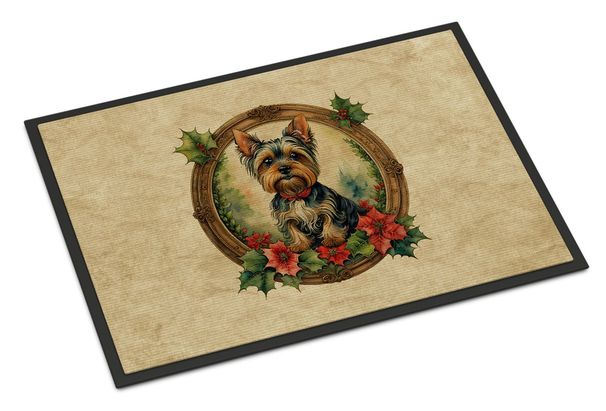 Yorkie Christmas Flowers Doormat Front Door Mat Indoor Outdoor Rugs For Entryway, Non Slip Washable Low Pile, 24H X 36W_maomaolike.com