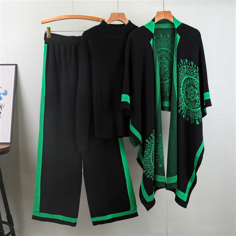 Women's Clothing new slim and fashionable long sleeved sweater + shawl + casual wide leg pants three piece suit_maomaolike.com