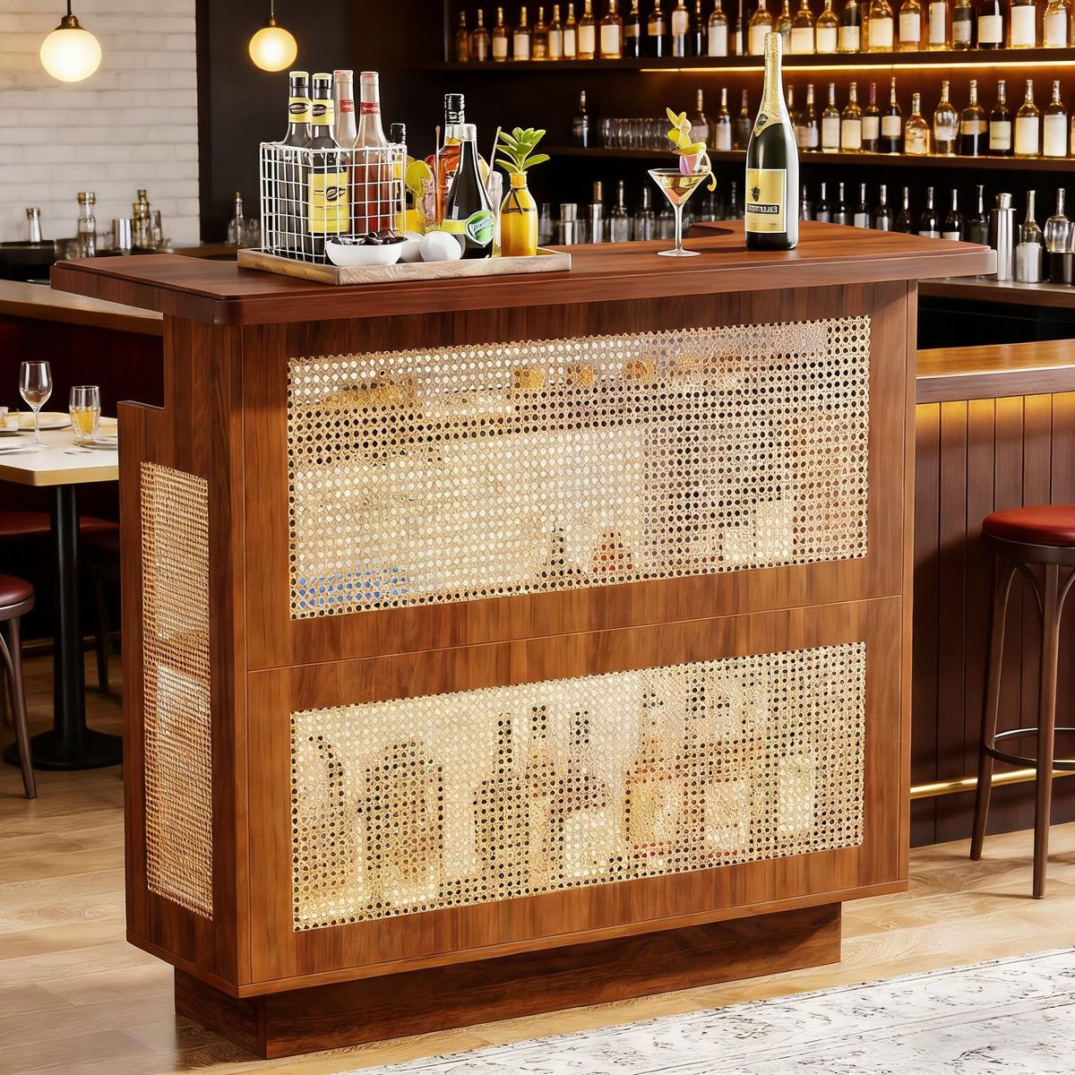 Rattan Home Bar Unit, 4-Tier Liquor Wine Bar Cabinet With Stemware Racks_maomaolike.com