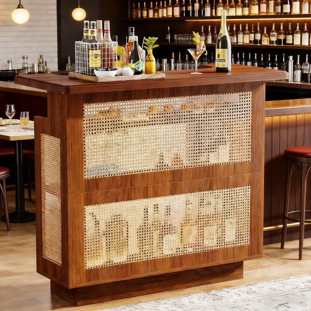 Rattan Home Bar Unit, 4-Tier Liquor Wine Bar Cabinet With Stemware Racks_maomaolike.com