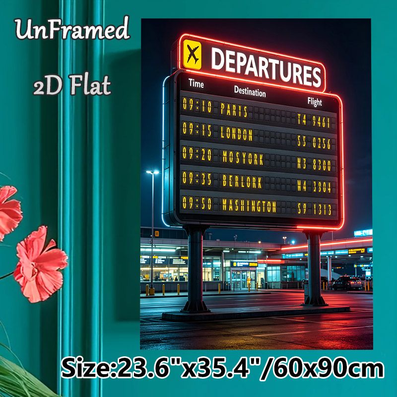 Airport Departures Board Painting Poster, Vintage Neon-lit Retro Flight Schedule Poster, Nostalgic Travel-inspired Decor Suitable For Living Room_maomaolike.com