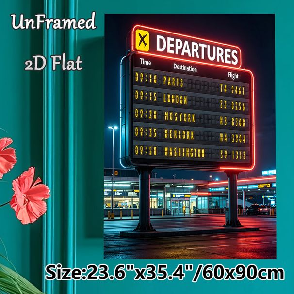 Airport Departures Board Painting Poster, Vintage Neon-lit Retro Flight Schedule Poster, Nostalgic Travel-inspired Decor Suitable For Living Room_maomaolike.com