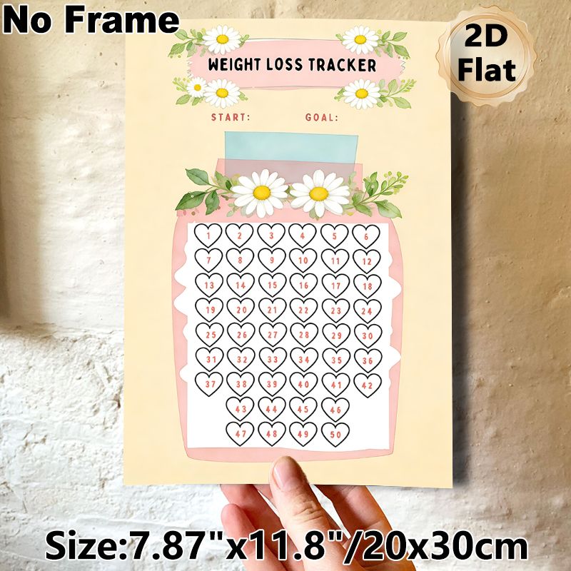 Weight Loss Tracker Painting Poster, Soft Watercolor Floral Poster, Daisy-adorned Heart Grid Design To Track Weight Loss Progress, Ideal For Home_maomaolike.com
