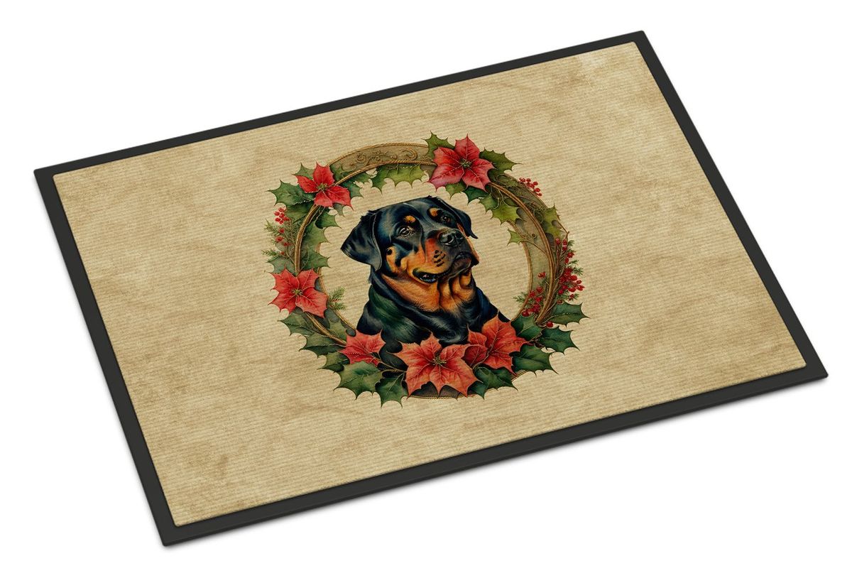 Rottweiler Christmas Flowers Doormat Front Door Mat Indoor Outdoor Rugs For Entryway, Non Slip Washable Low Pile, 24H X 36W_maomaolike.com