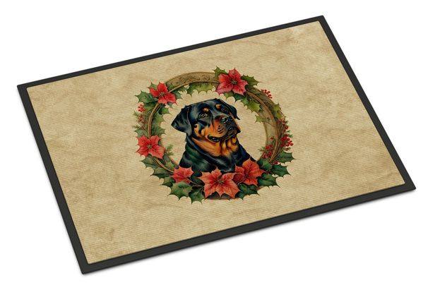 Rottweiler Christmas Flowers Doormat Front Door Mat Indoor Outdoor Rugs For Entryway, Non Slip Washable Low Pile, 24H X 36W_maomaolike.com