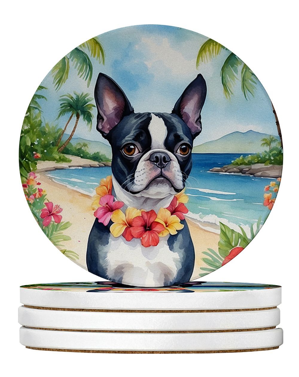 Boston Terrier Luau Large Sandstone Coasters Pack Of 4 Absorbent Round Coasters Decor Gifts For Men Or Women, 4 In, Multicolor_maomaolike.com