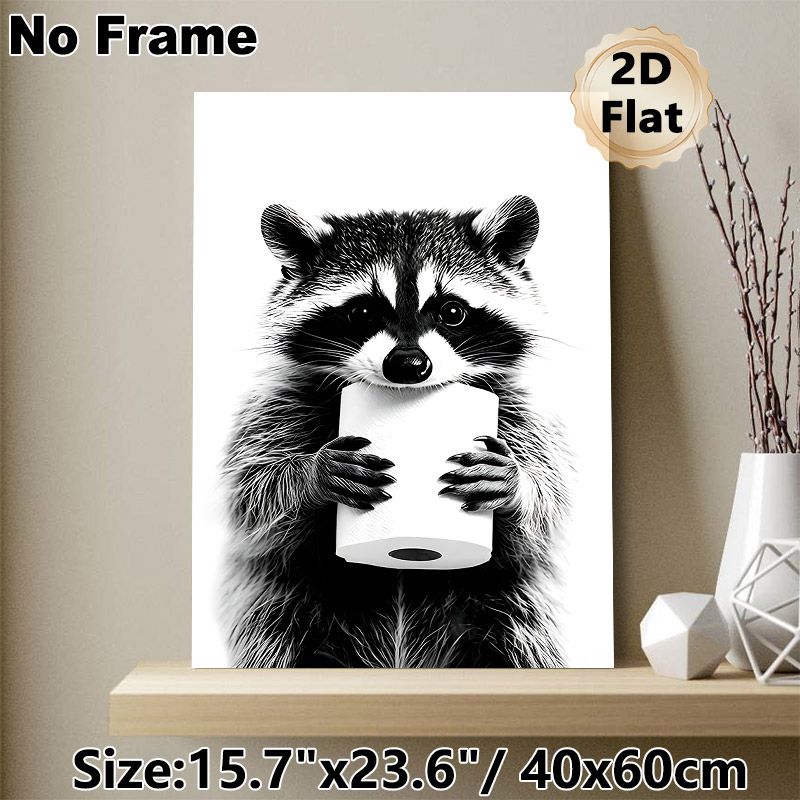 Raccoon With Toilet Paper Painting Poster, Monochrome Realistic Animal Portrait Poster, Humorous Quirky Decor Ideal For Bathroom, Living Room_maomaolike.com