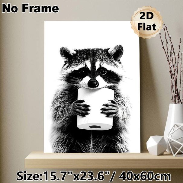 Raccoon With Toilet Paper Painting Poster, Monochrome Realistic Animal Portrait Poster, Humorous Quirky Decor Ideal For Bathroom, Living Room_maomaolike.com