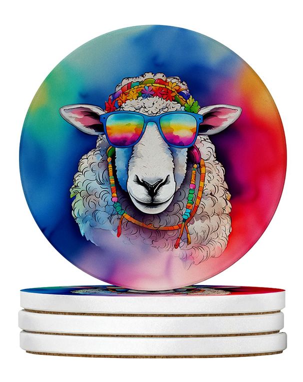 Hippie Animal Sheep Large Sandstone Coasters Pack Of 4 Absorbent Round Coasters Decor Gifts For Men Or Women, 4 In, Multicolor_maomaolike.com