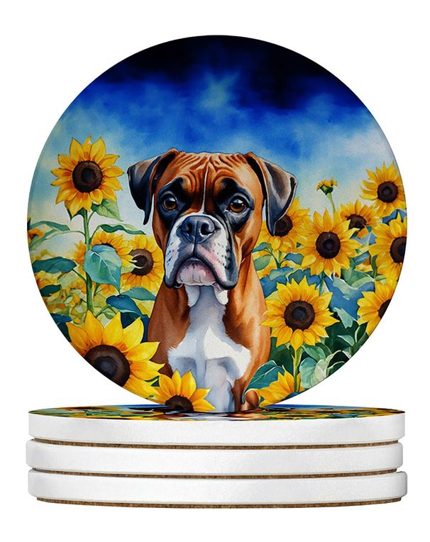 Boxer In Sunflowers Large Sandstone Coasters Pack Of 4 Absorbent Round Coasters Decor Gifts For Men Or Women, 4 In, Multicolor_maomaolike.com