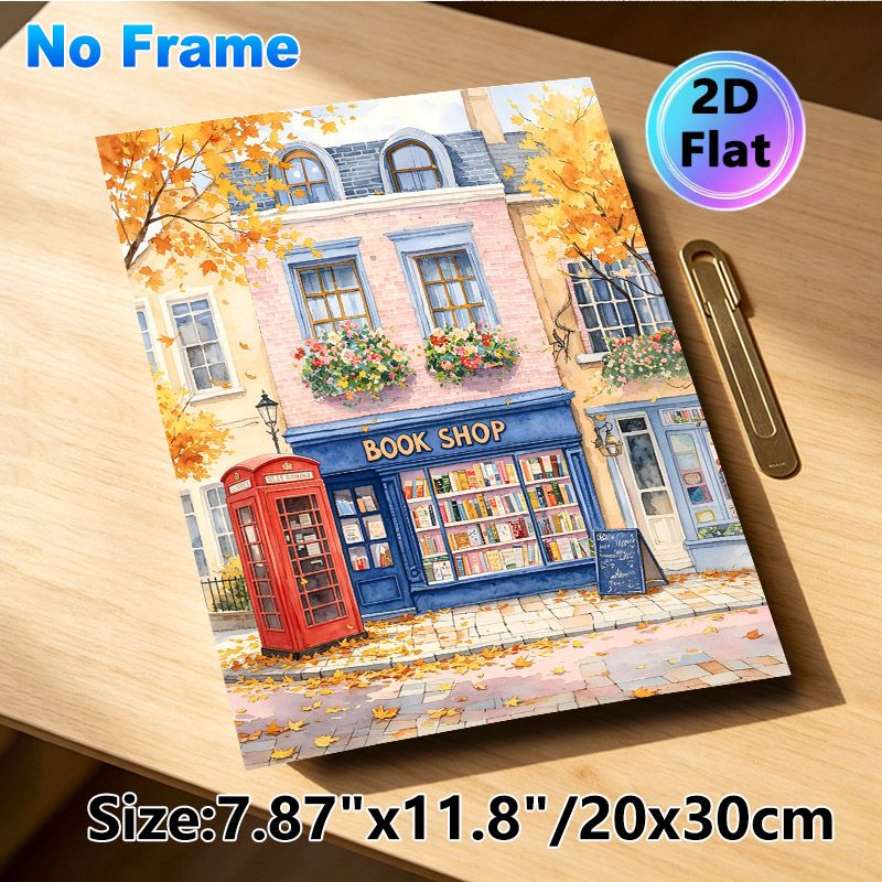 Autumn Book Shop Painting Poster, Warm Watercolor Cozy Street Scene Poster, Charming Literary-themed Decor With Fall Foliage, Ideal For Living Room_maomaolike.com