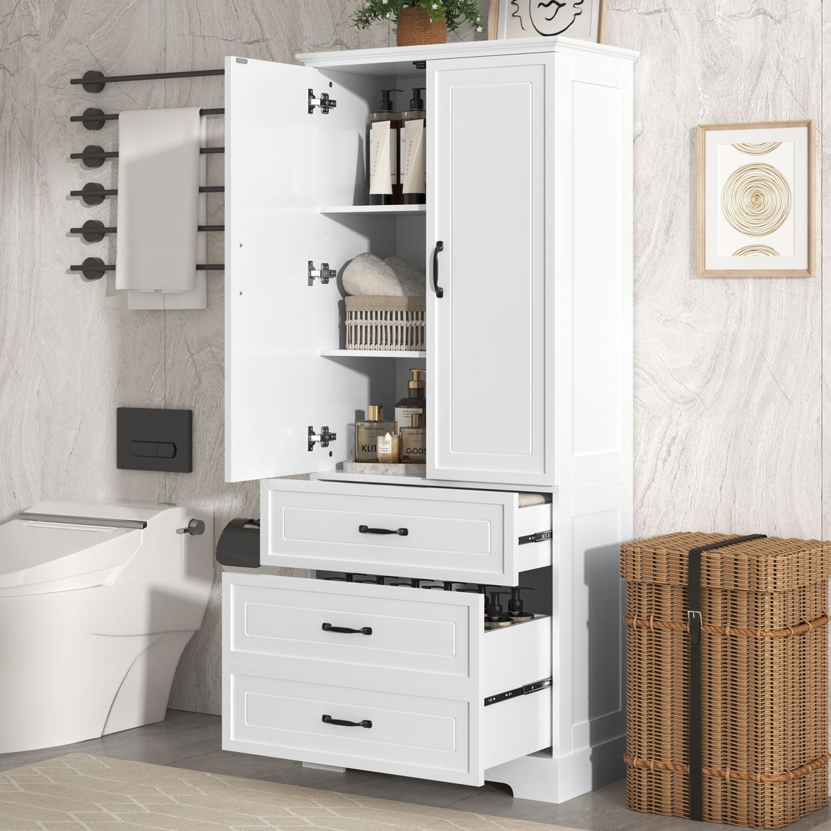 Tall Bathroom Storage Cabinet,Cabinet With Two Doors And Drawers,Adjustable Shelf,MDF Board,White_maomaolike.com