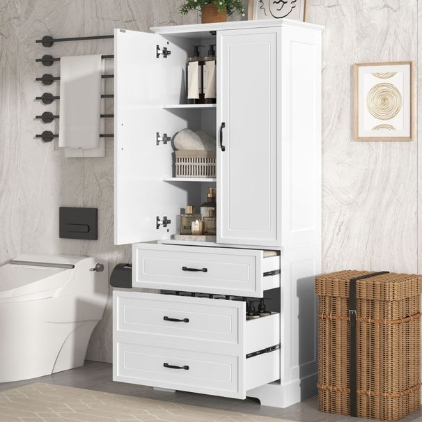 Tall Bathroom Storage Cabinet,Cabinet With Two Doors And Drawers,Adjustable Shelf,MDF Board,White_maomaolike.com