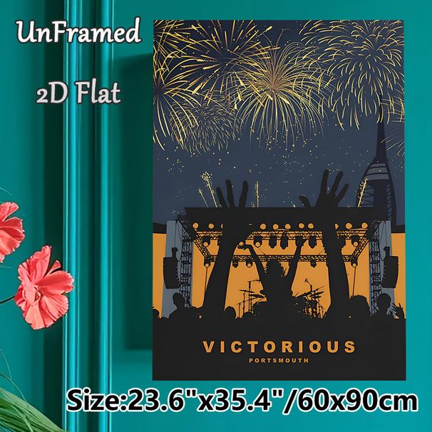 Victorious Portsmouth Music Festival Painting Poster, Vibrant Stylized Silhouette Concert Scene With Golden Fireworks Poster, Captures Festive Live_maomaolike.com