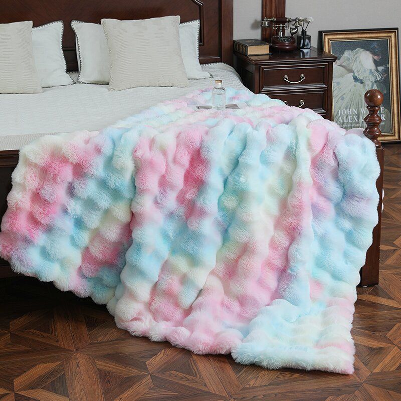 Thickened Warm Ins Style Autumn And Winter Bubble Velvet Large Rabbit Fur Tie Dyed Plush Sofa Cover Blanket_maomaolike.com