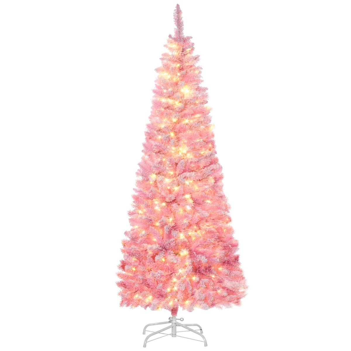 6ft Prelit Snow Flocked Artificial Christmas Tree With Pencil Shape, Pine Realistic Branches, Warm White LED Lights, Auto Open, Pink And White_maomaolike.com