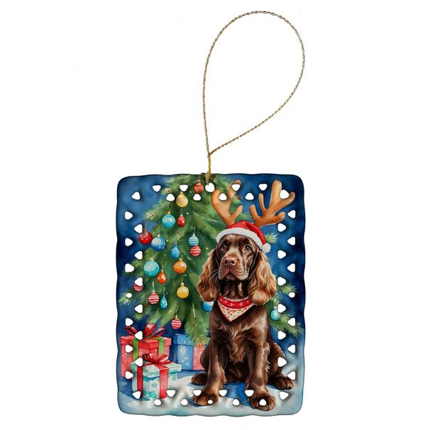 Chocolate Cocker Spaniel Christmas Reindeer Porcelain Ornament Christmas Tree Hanging Decorations For Home Christmas Holiday, Rectangle, Gift, Multicolor_maomaolike.com