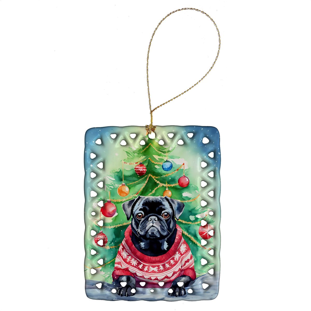 Pug Christmas Porcelain Ornament Christmas Tree Hanging Decorations For Home Christmas Holiday, Rectangle, Gift, Multicolor_maomaolike.com