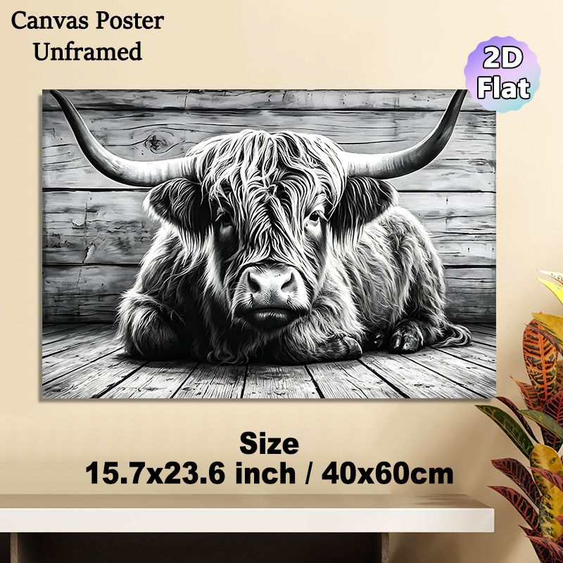Highland Cow Painting Poster, Monochrome Realistic Animal Portrait Poster, Detailed Textured Depiction Ideal For Farmhouse And Living Room Wall Decor_maomaolike.com